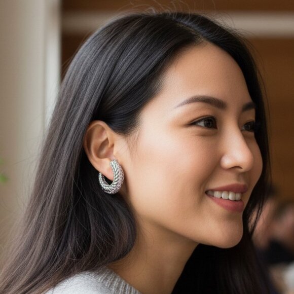 Judith Ripka .925 Sterling Silver Diamonique Earrings – 1.25" – Omega Backs – - Picture 1 of 8